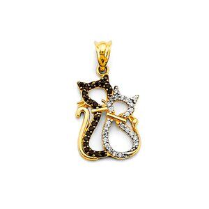 14KT Gold Clear and Black CZ Together Cats Pendant